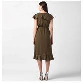 Women's Polyester Ruffled Cap Sleeve Knee-Length Dress (Olive)